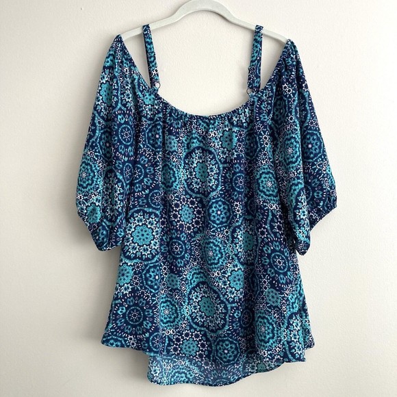Torrid Womens Blue Turqoise Medalian Print Cold Shoulder Blouse Challis Size 3 - Picture 7 of 10